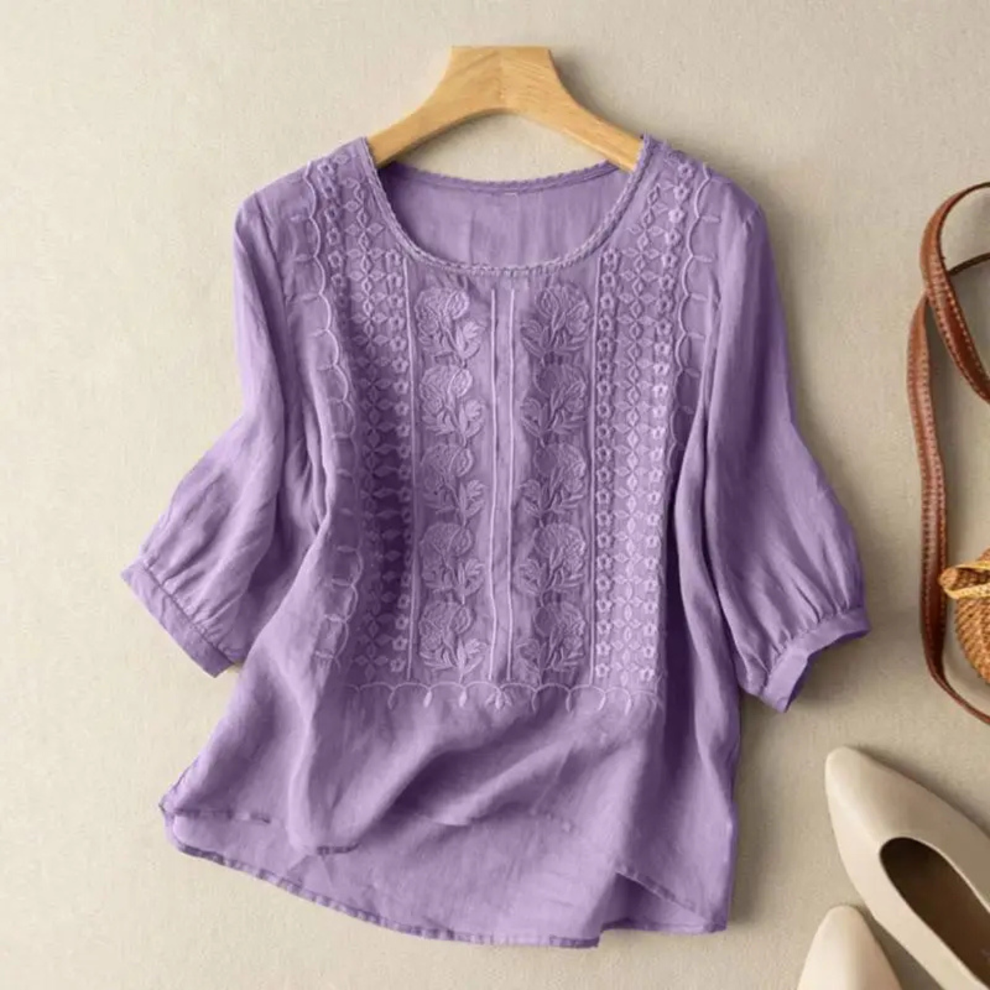 Penelope | Cotton Embroidered Three-Quarter Sleeves Blouse for Women