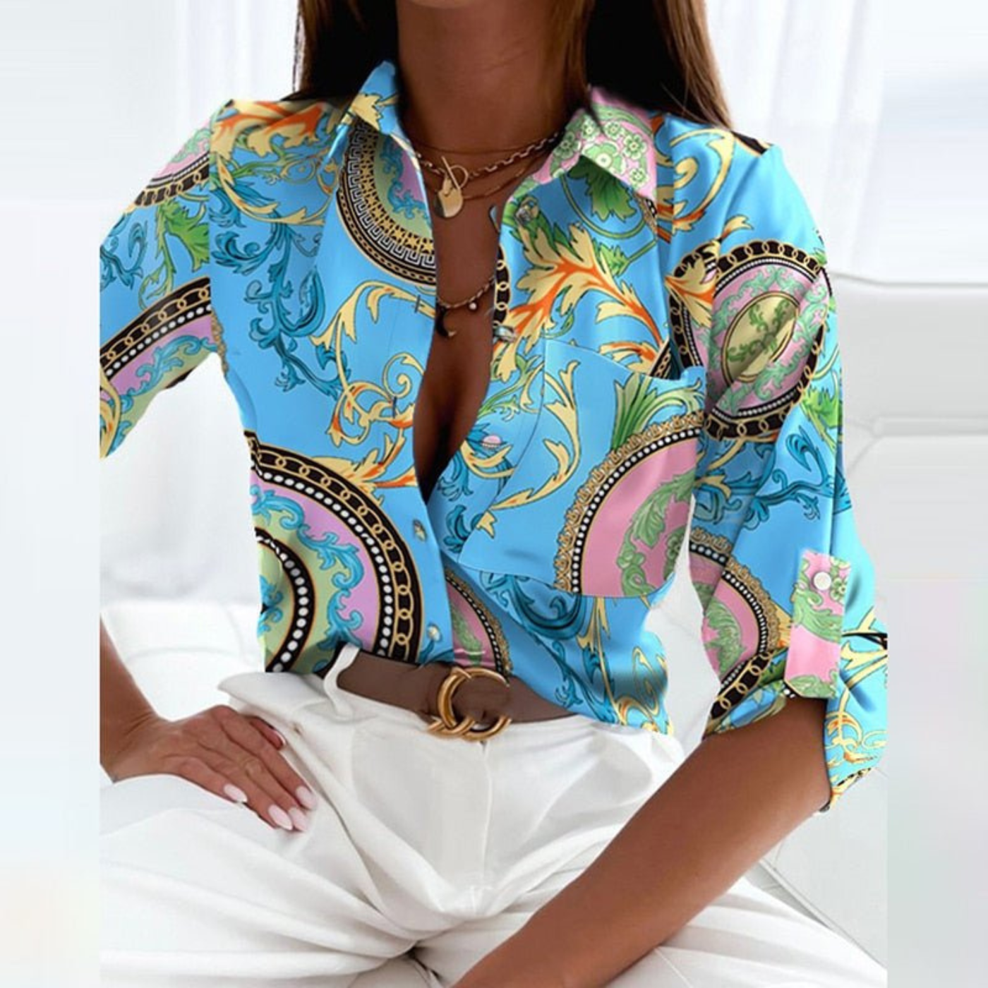 Women's satin print blouse in light blue baroque