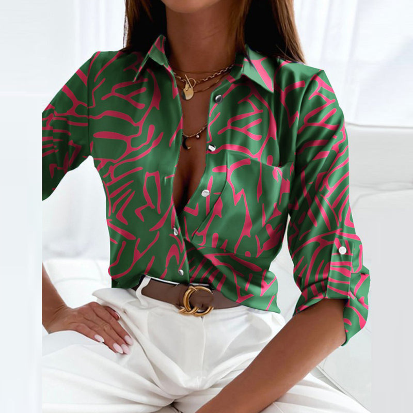Women's satin print blouse in green geometric