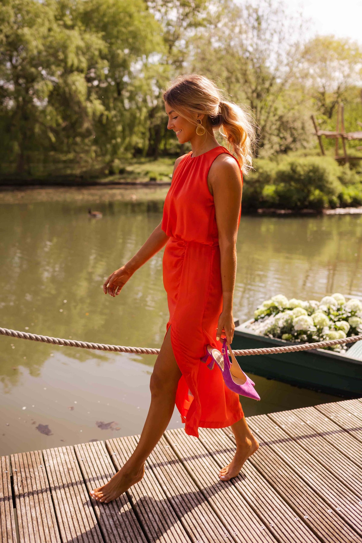 Women's Halter Neck Midi Dress with Swing Skirt
