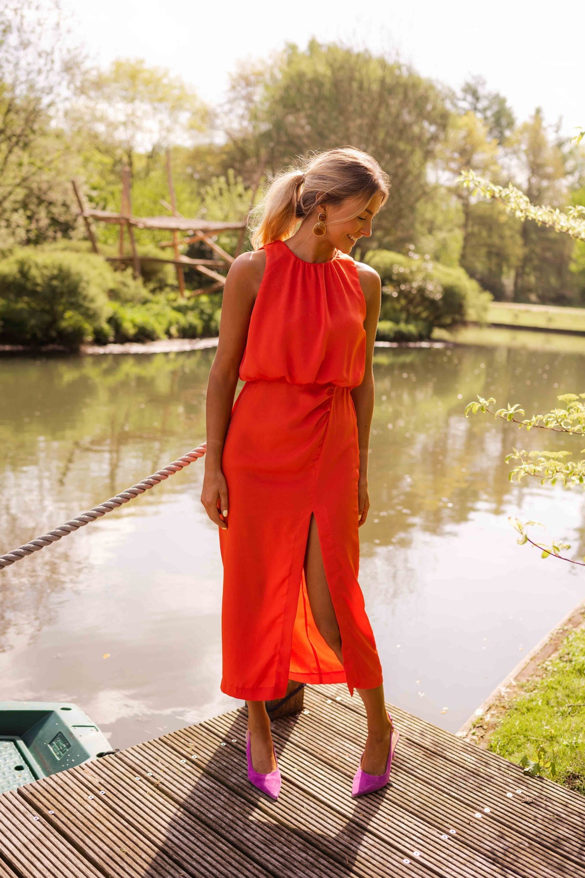 Women's Halter Neck Midi Dress with Swing Skirt
