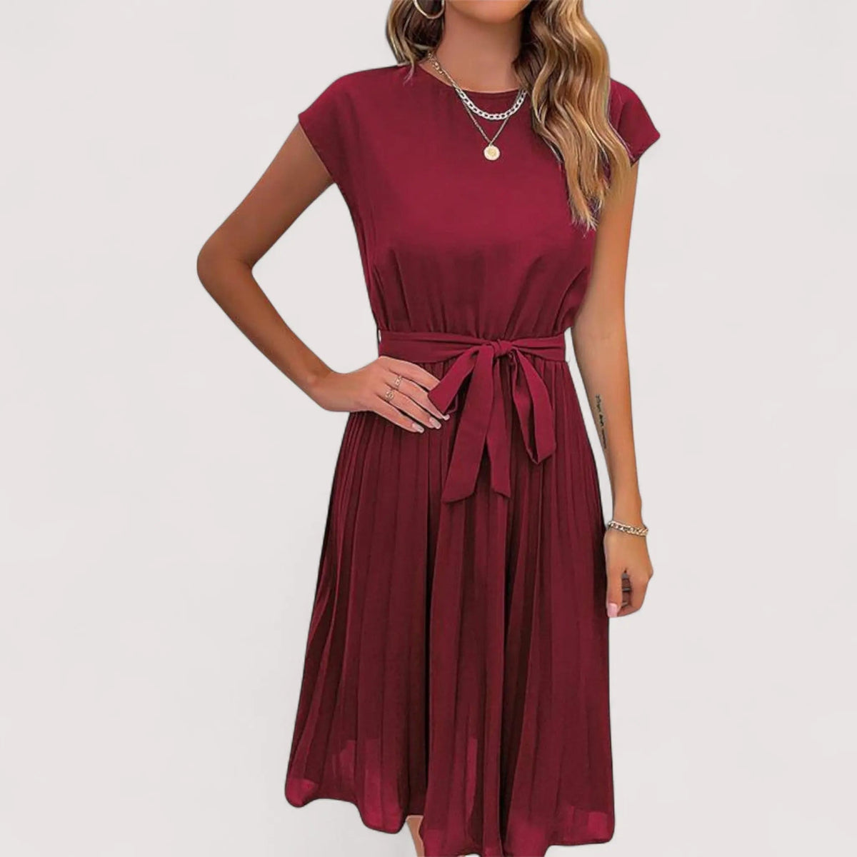 Women's Pleated Midi Dress with Tie Belt