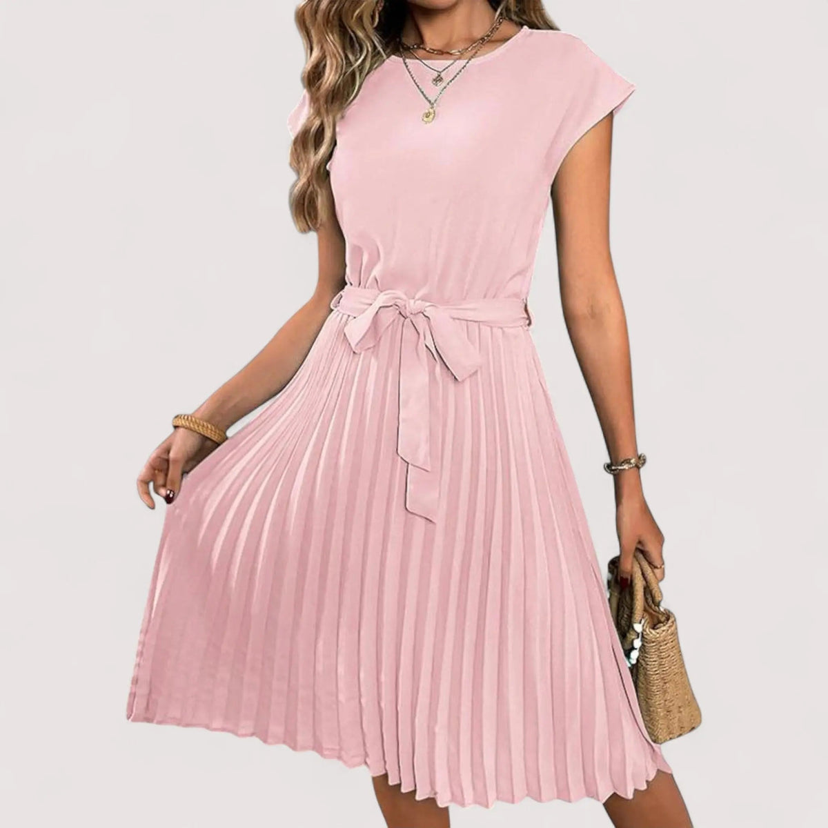 Women's Pleated Midi Dress with Tie Belt