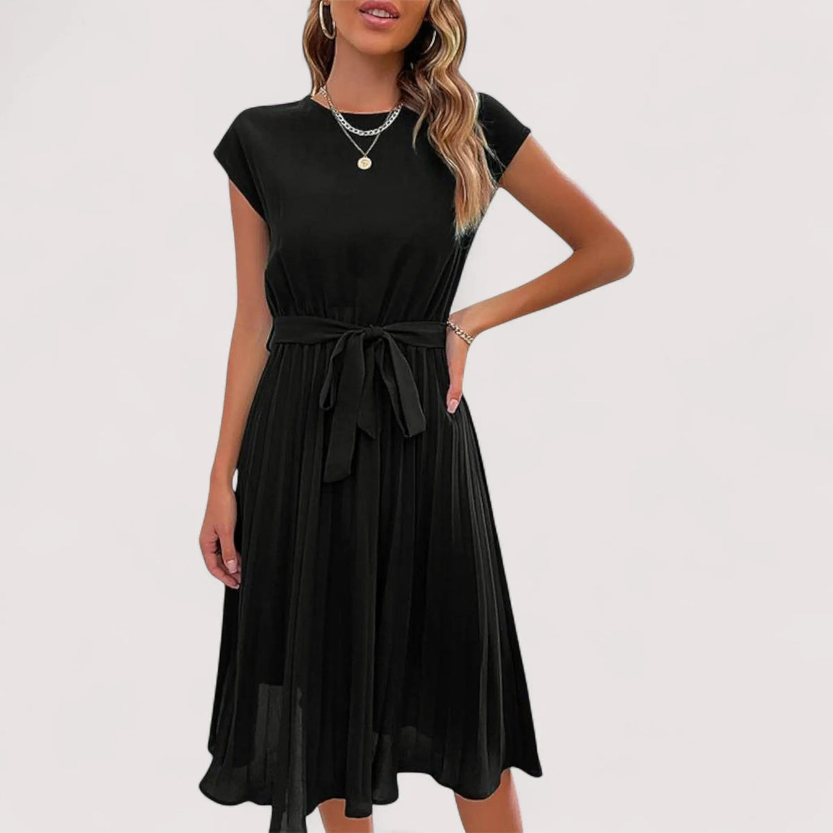 Women's Pleated Midi Dress with Tie Belt