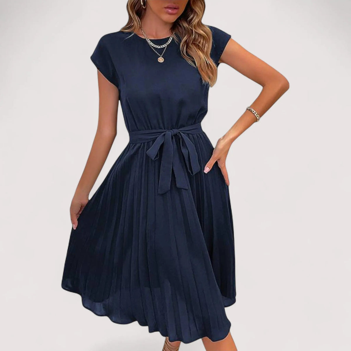 Women's Pleated Midi Dress with Tie Belt