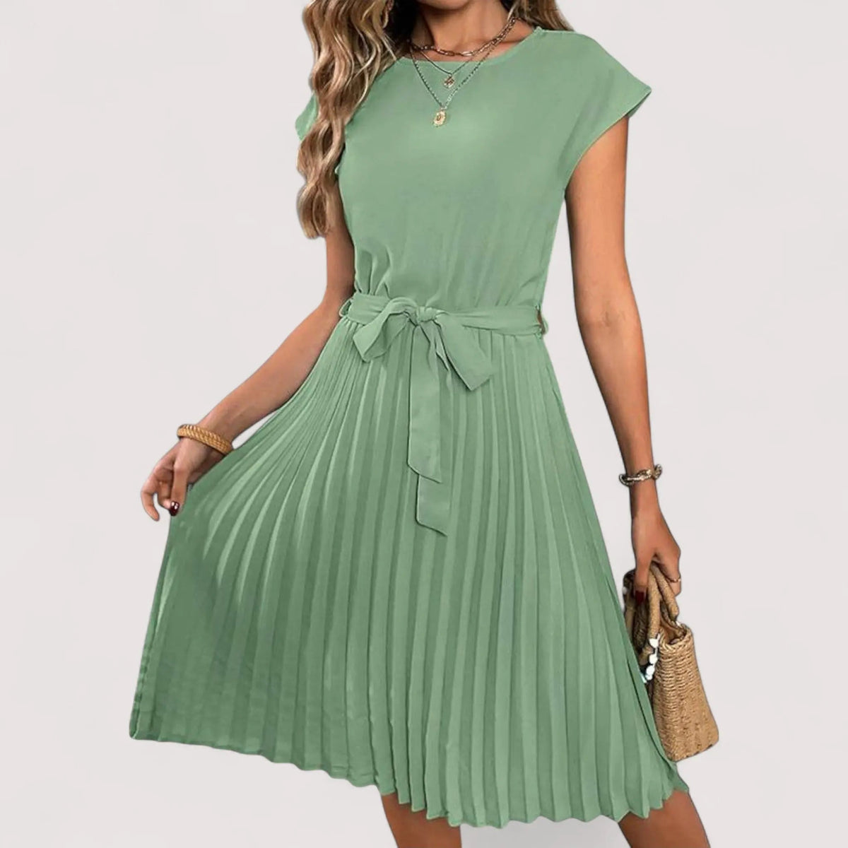 Women's Pleated Midi Dress with Tie Belt