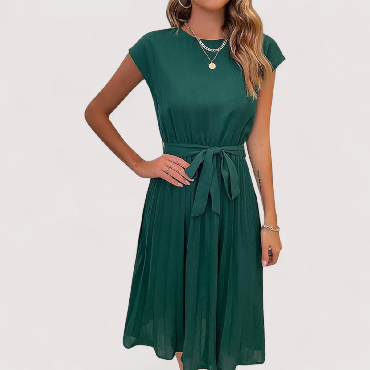 Women's Pleated Midi Dress with Tie Belt