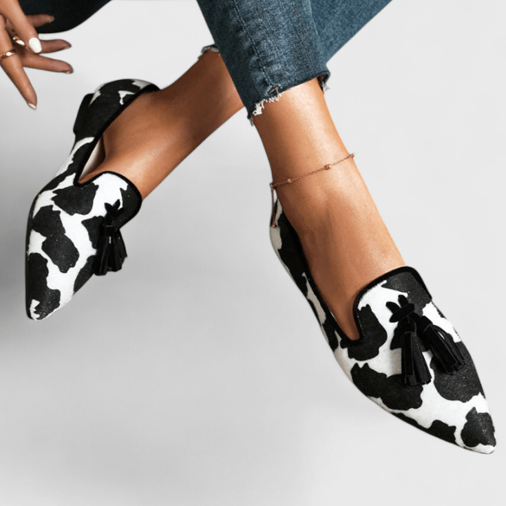 Women's Cow Print Loafers with Pointed Toe and Tassels
