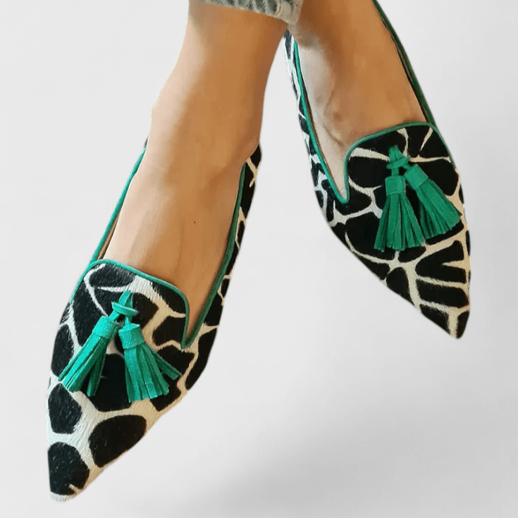 Women's Cow Print Loafers with Pointed Toe and Tassels