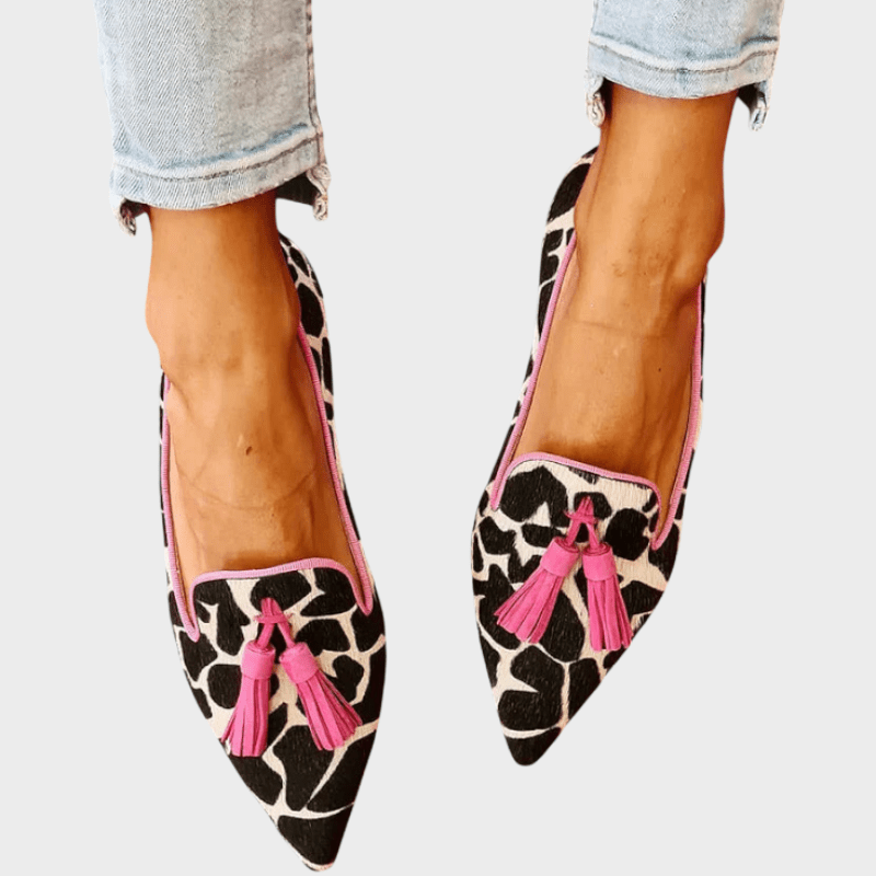 Women's Cow Print Loafers with Pointed Toe and Tassels