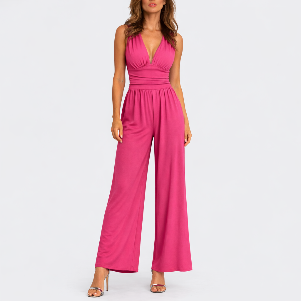 Women's Sleeveless Jumpsuit Wide Leg V-Neck – Pink