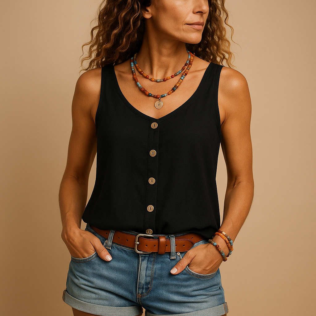 Mouwloze Top Dames | Luchtige V-Hals & Zomers Knoopdetail