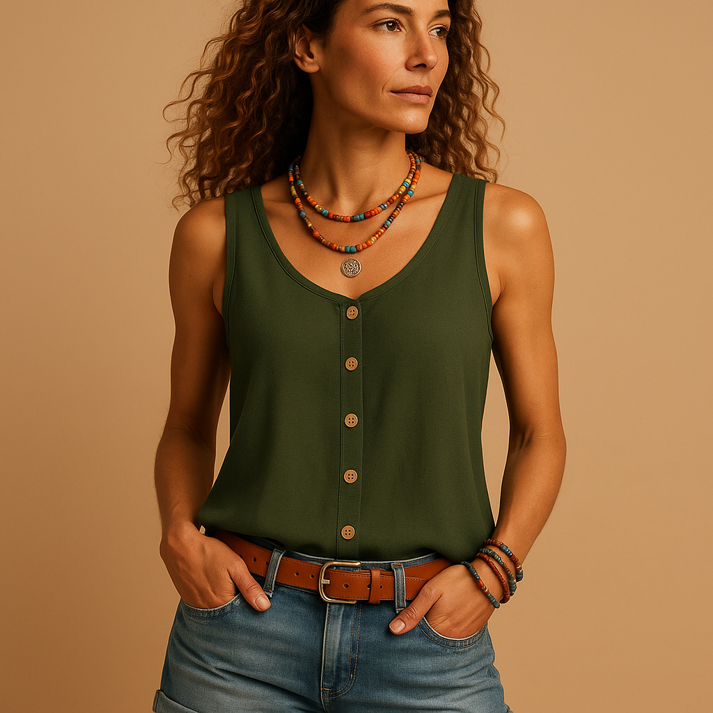 Mouwloze Top Dames | Luchtige V-Hals & Zomers Knoopdetail