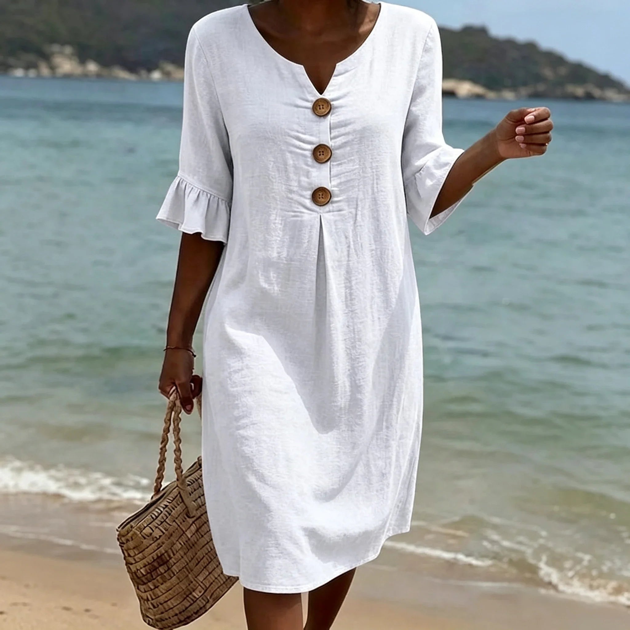 Nora | Dames Midi Jurk Zomer V-hals Volant Vakantie Casual