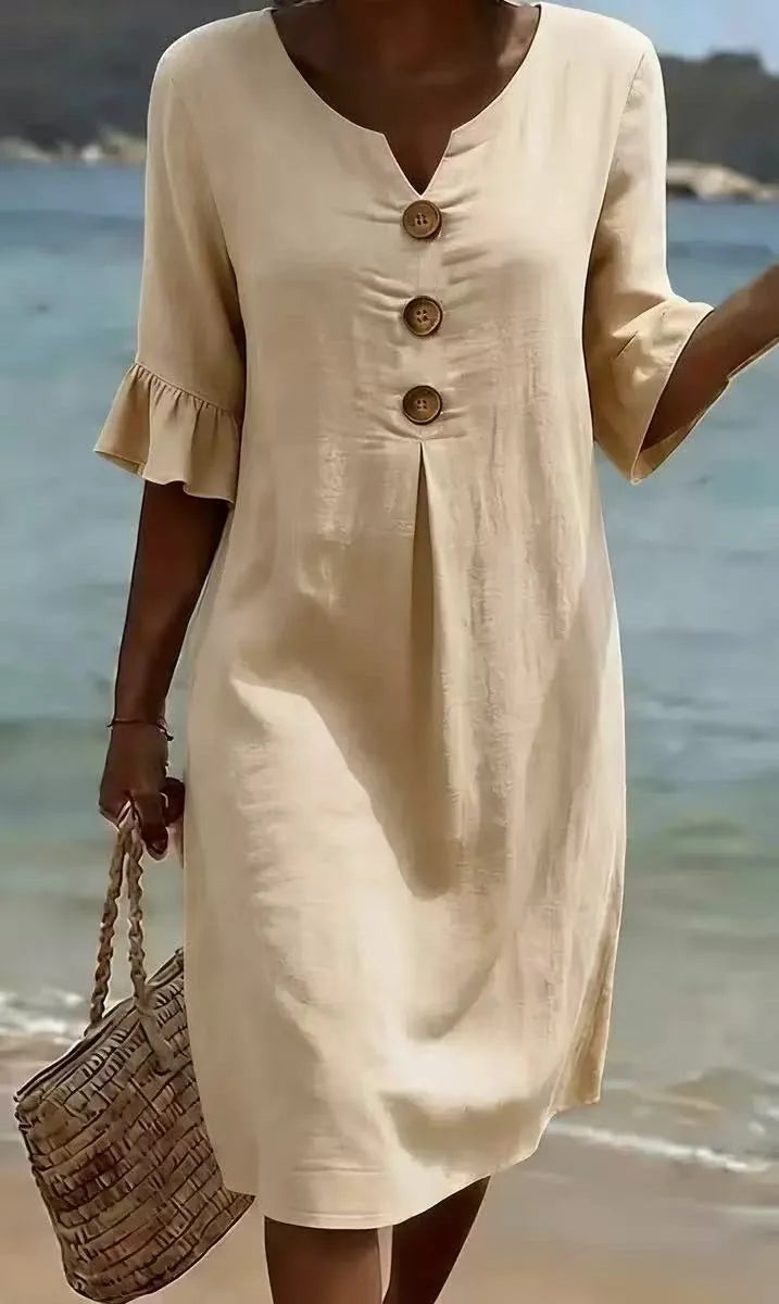 Nora | Dames Midi Jurk Zomer V-hals Volant Vakantie Casual
