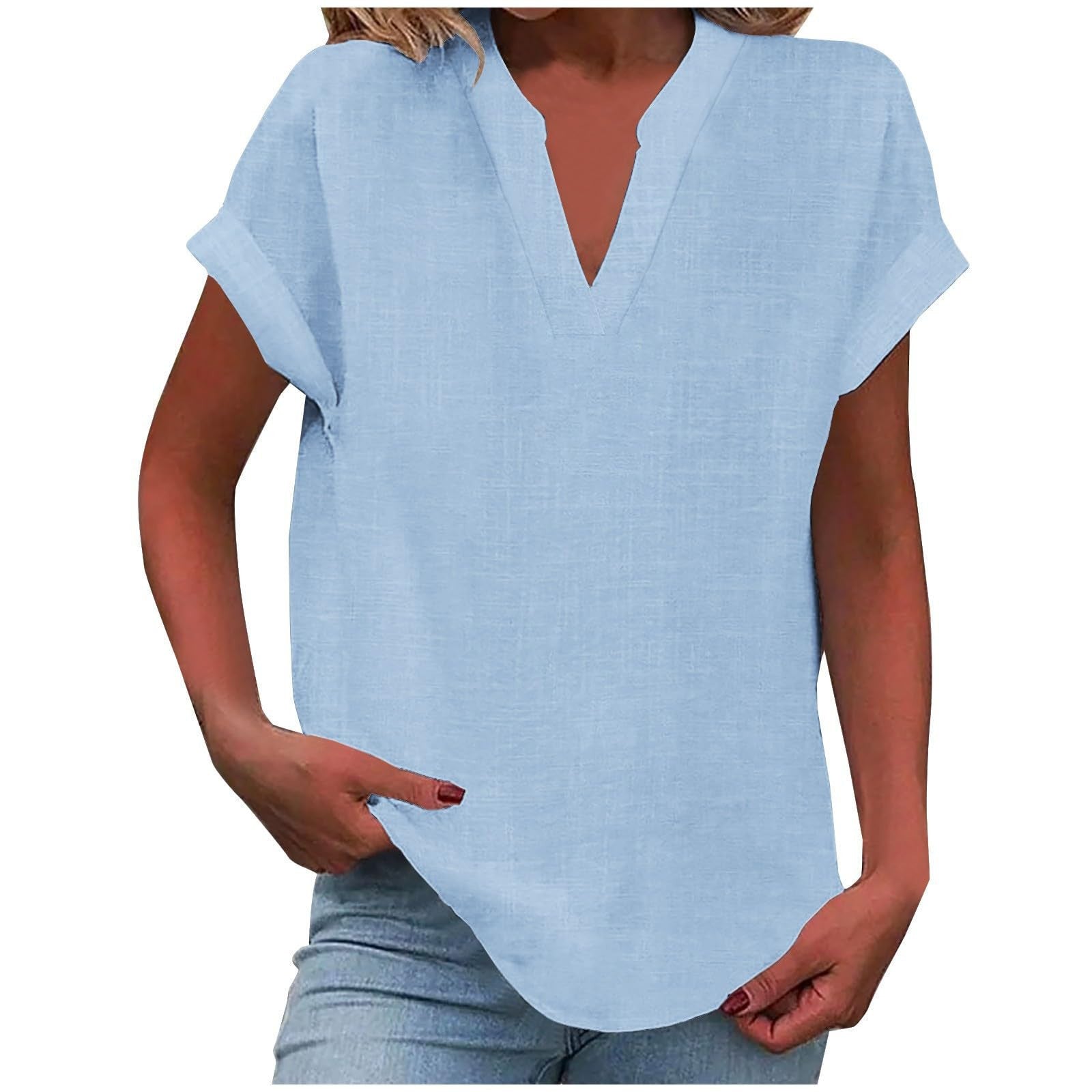 Women's linen-look V neck short sleeve top in sky blue