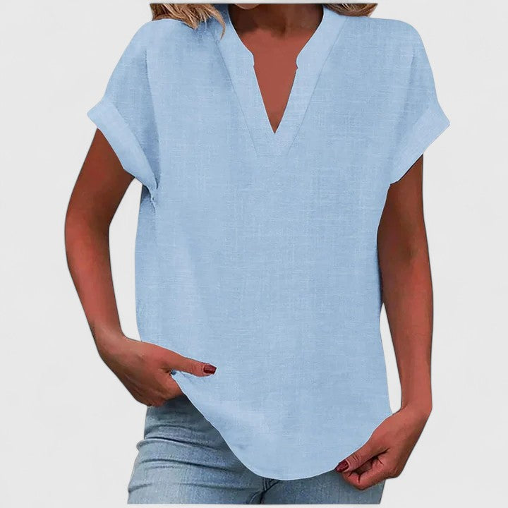 Women's relaxed linen-look V neck top in light blue