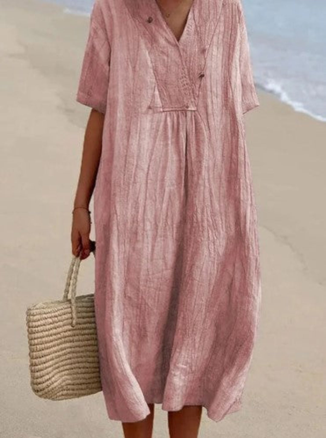 Women's Half-Button Midi Dress with Balloon Hem