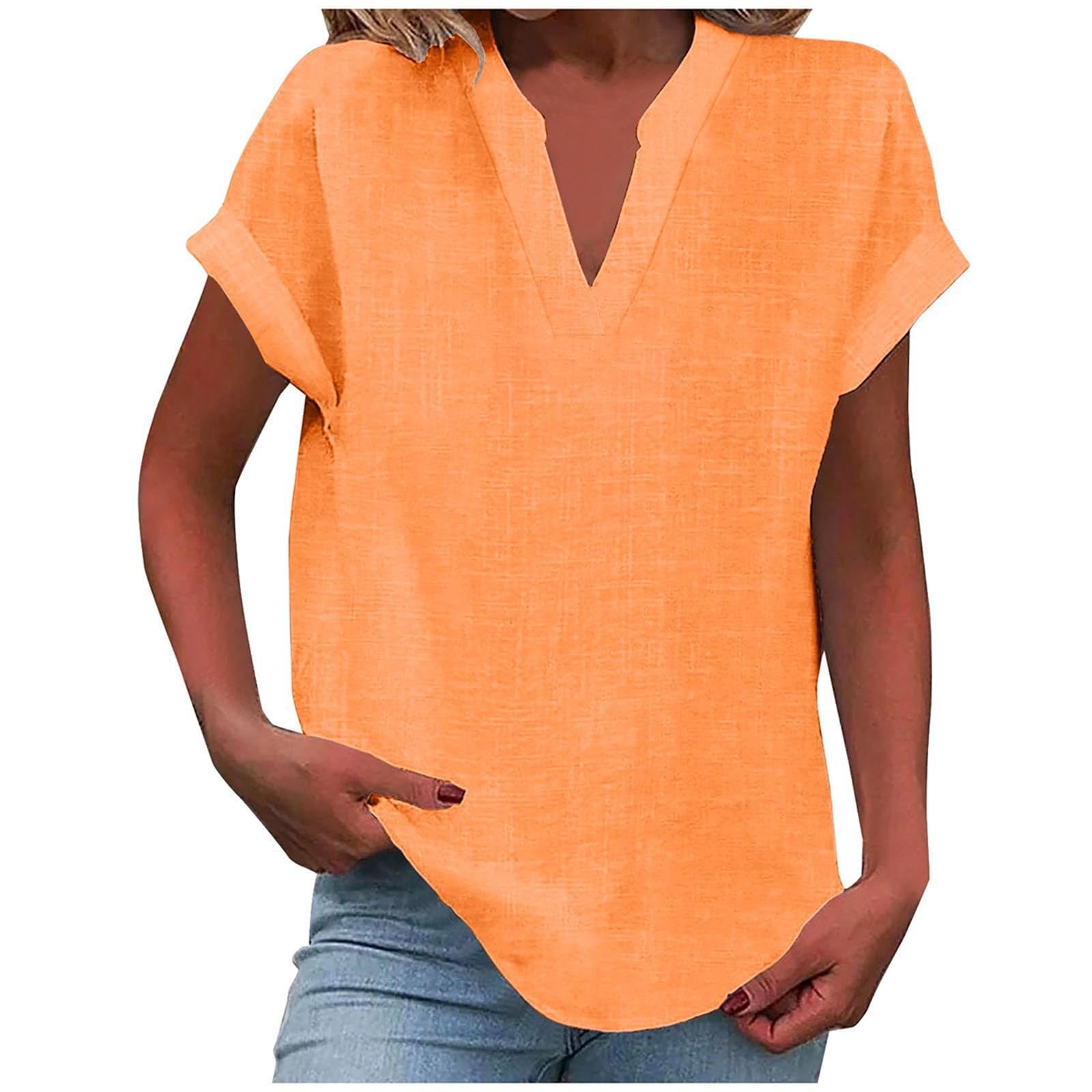 Women's linen-look V neck short sleeve top in orange