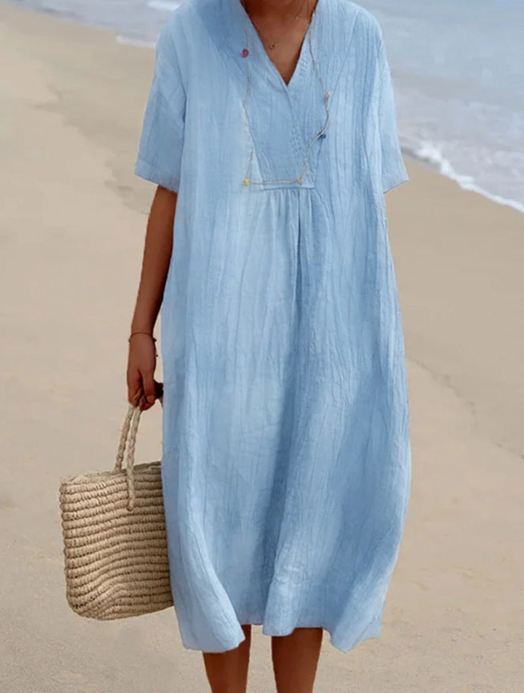 Women's Half-Button Midi Dress with Balloon Hem