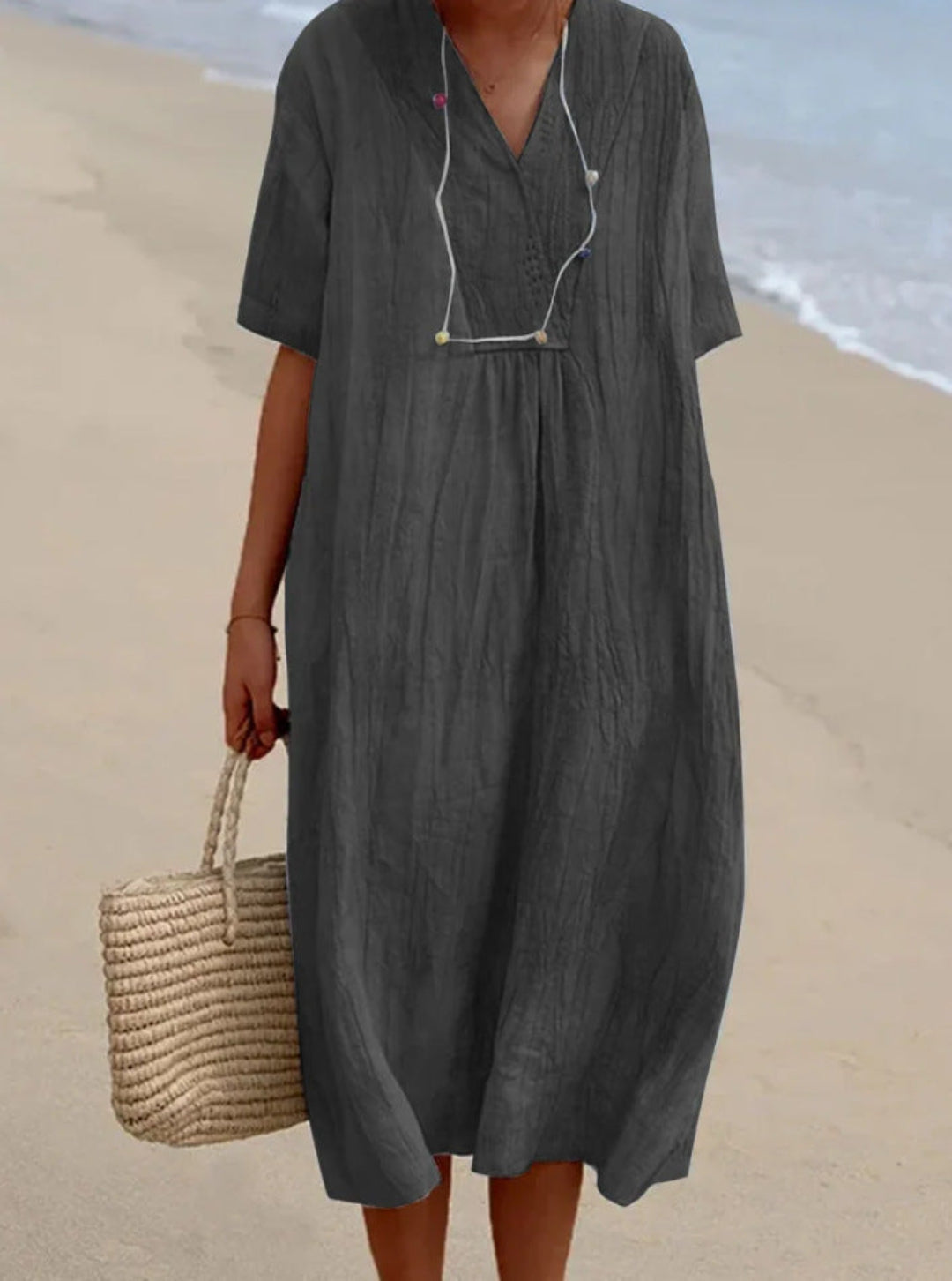 Women's Half-Button Midi Dress with Balloon Hem