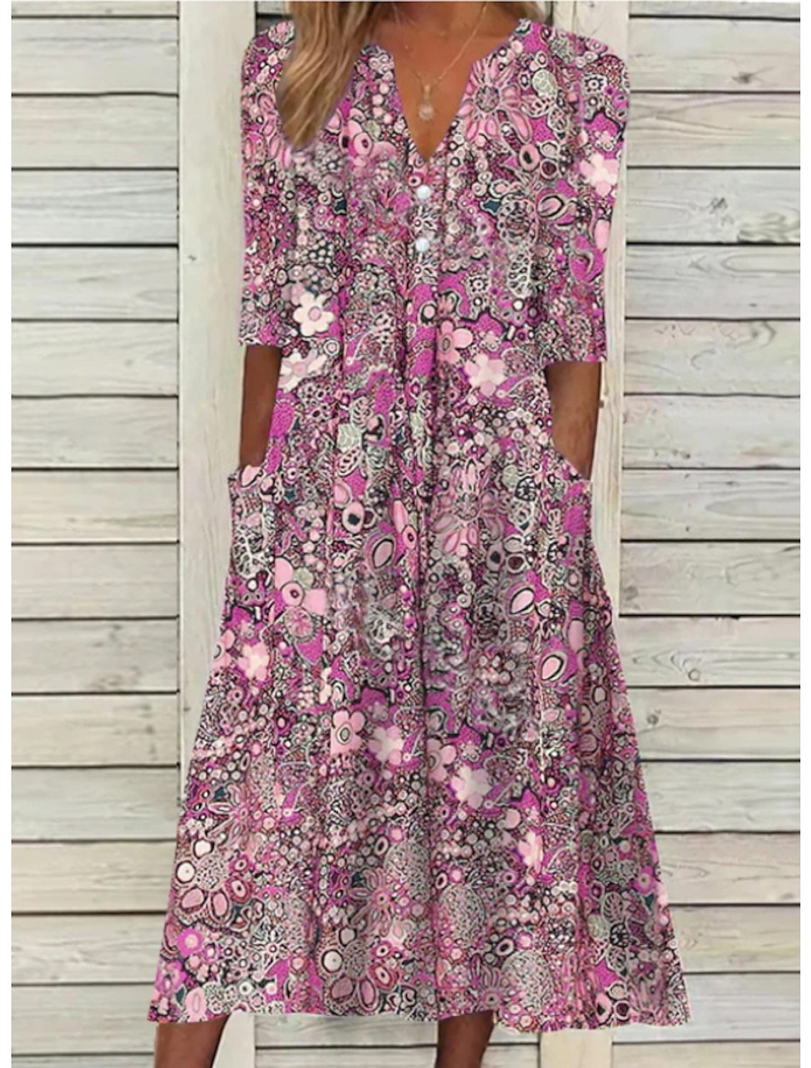 Vestido midi floral rojo de corte relajado para mujer, ideal para el uso diario