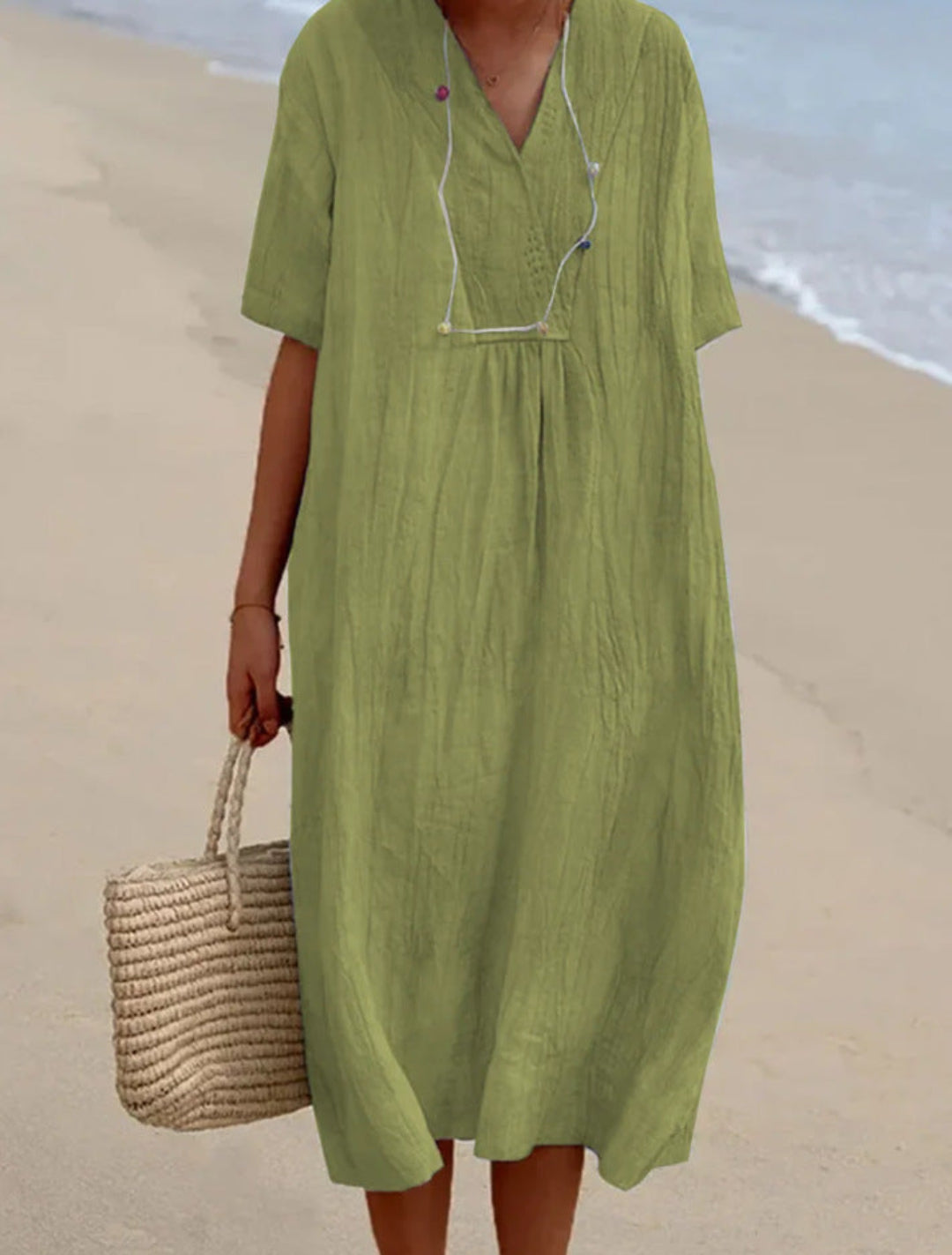 Women's Half-Button Midi Dress with Balloon Hem