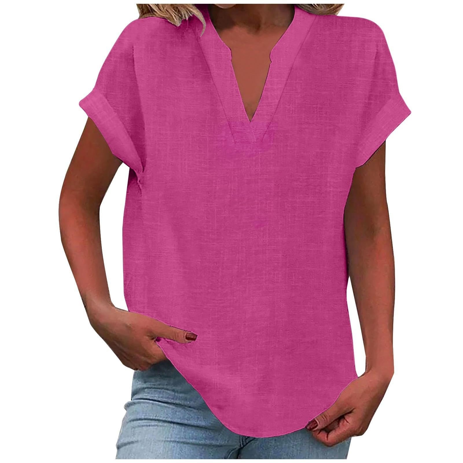 Women's linen-look V neck short sleeve top in bright pink