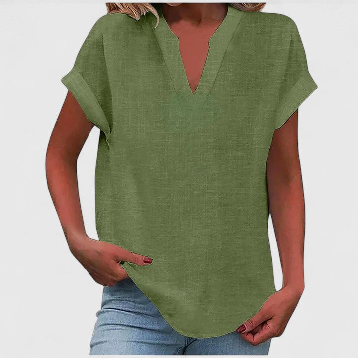 Women's relaxed linen-look V neck top in army green