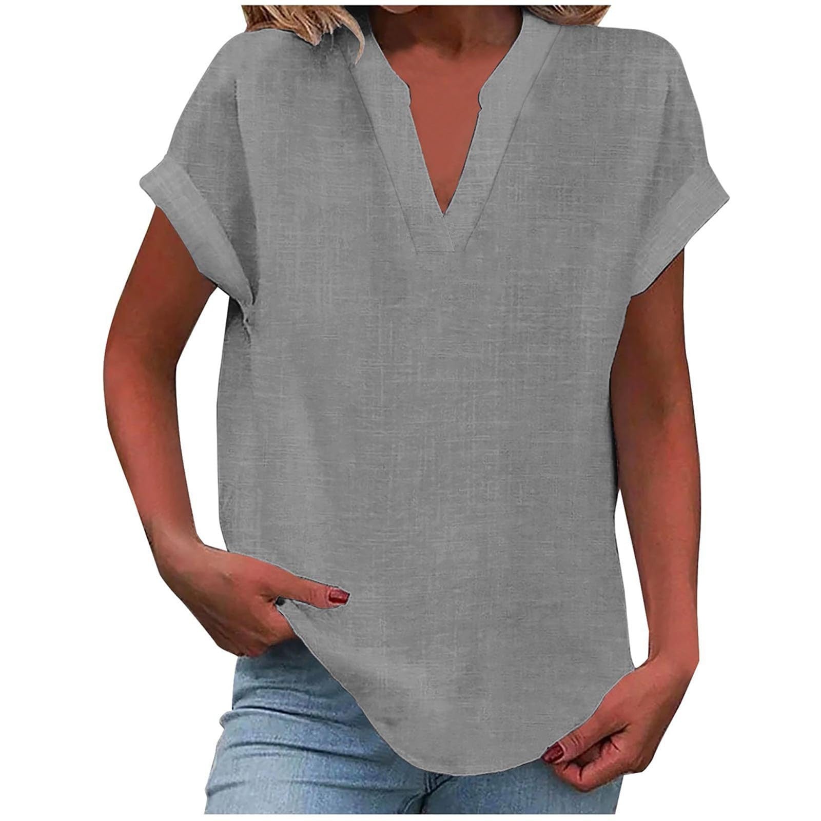 Women's linen-look V neck short sleeve top in grey