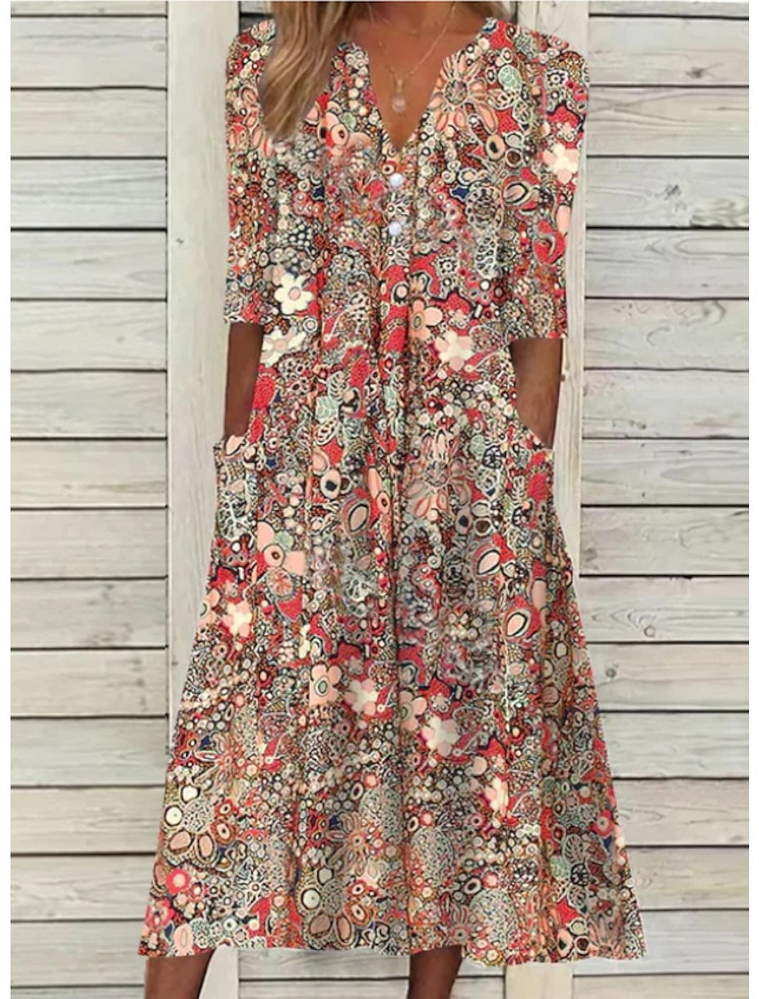 Vestido midi floral rojo de corte relajado para mujer, ideal para el uso diario