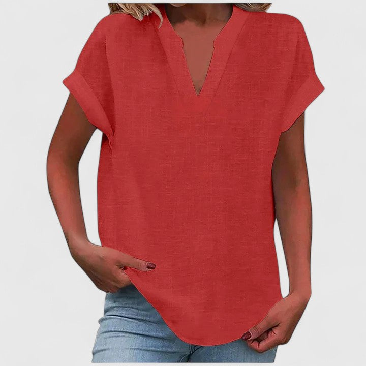 Women's relaxed linen-look V neck top in red