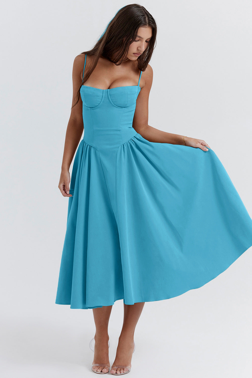 Women's Bustier Midi Dress with Flared Skirt