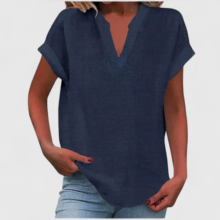 Women's relaxed linen-look V neck top in navy blue