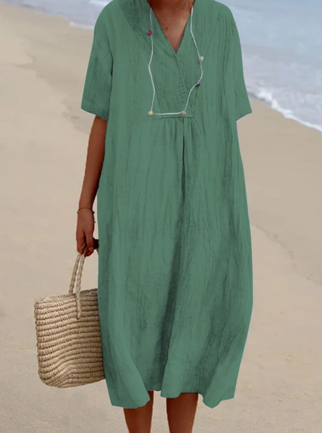 Women's Half-Button Midi Dress with Balloon Hem