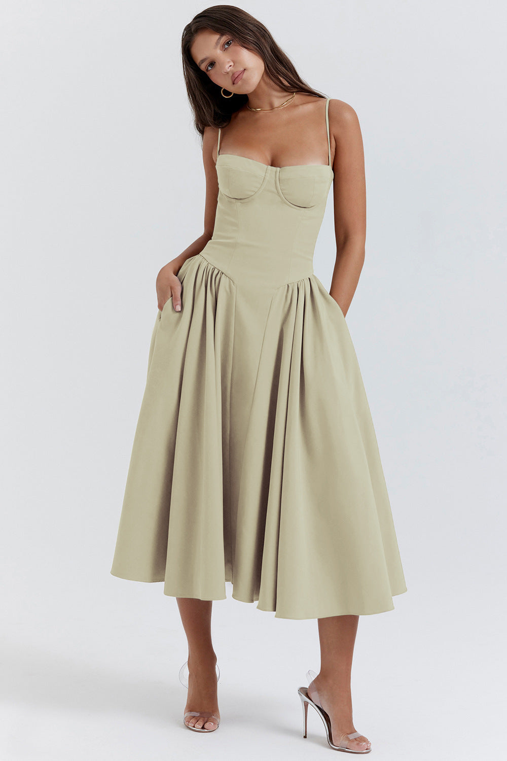 Women's Bustier Midi Dress with Flared Skirt