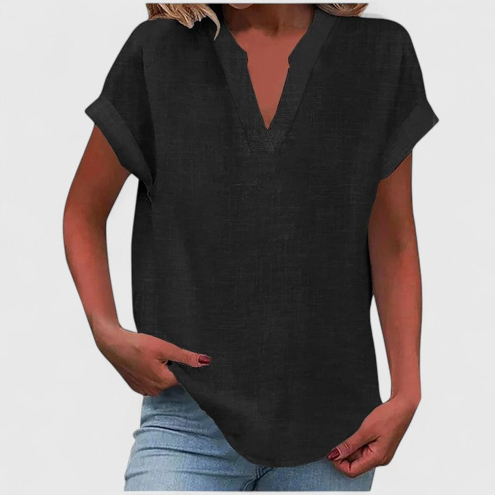 Women's relaxed linen-look V neck top in black