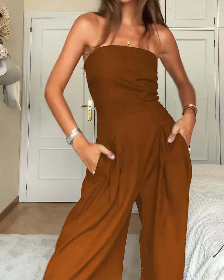 Jumpsuit da donna senza spalline, a gamba larga, con tasche
