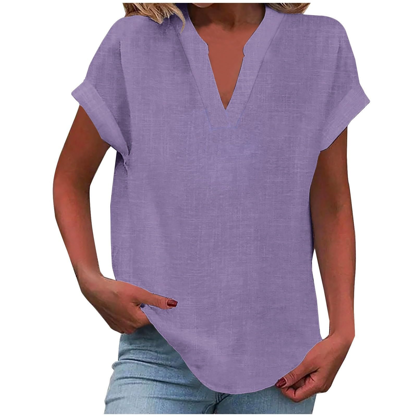 Women's linen-look V neck short sleeve top in light purple