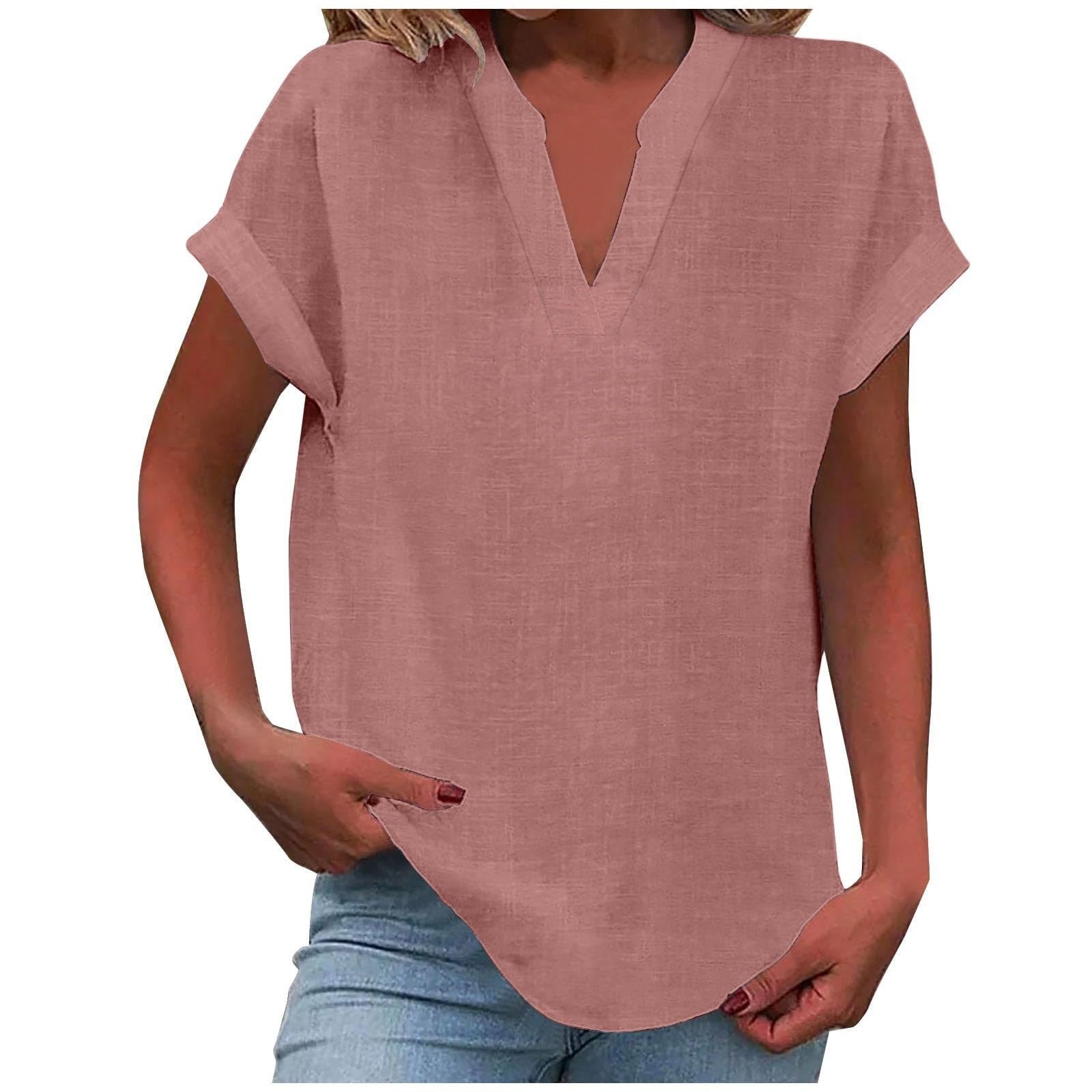 Women's linen-look V neck short sleeve top in pink