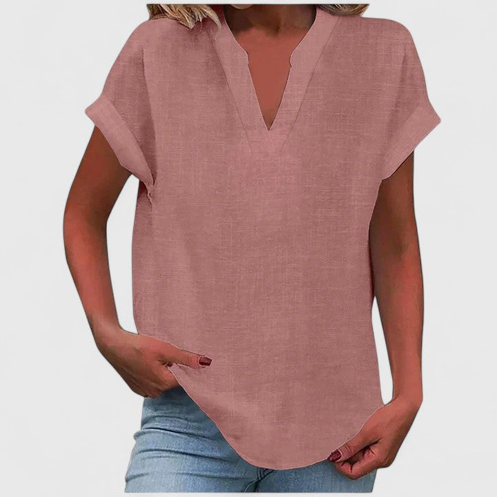 Women's relaxed linen-look V neck top in dusty pink
