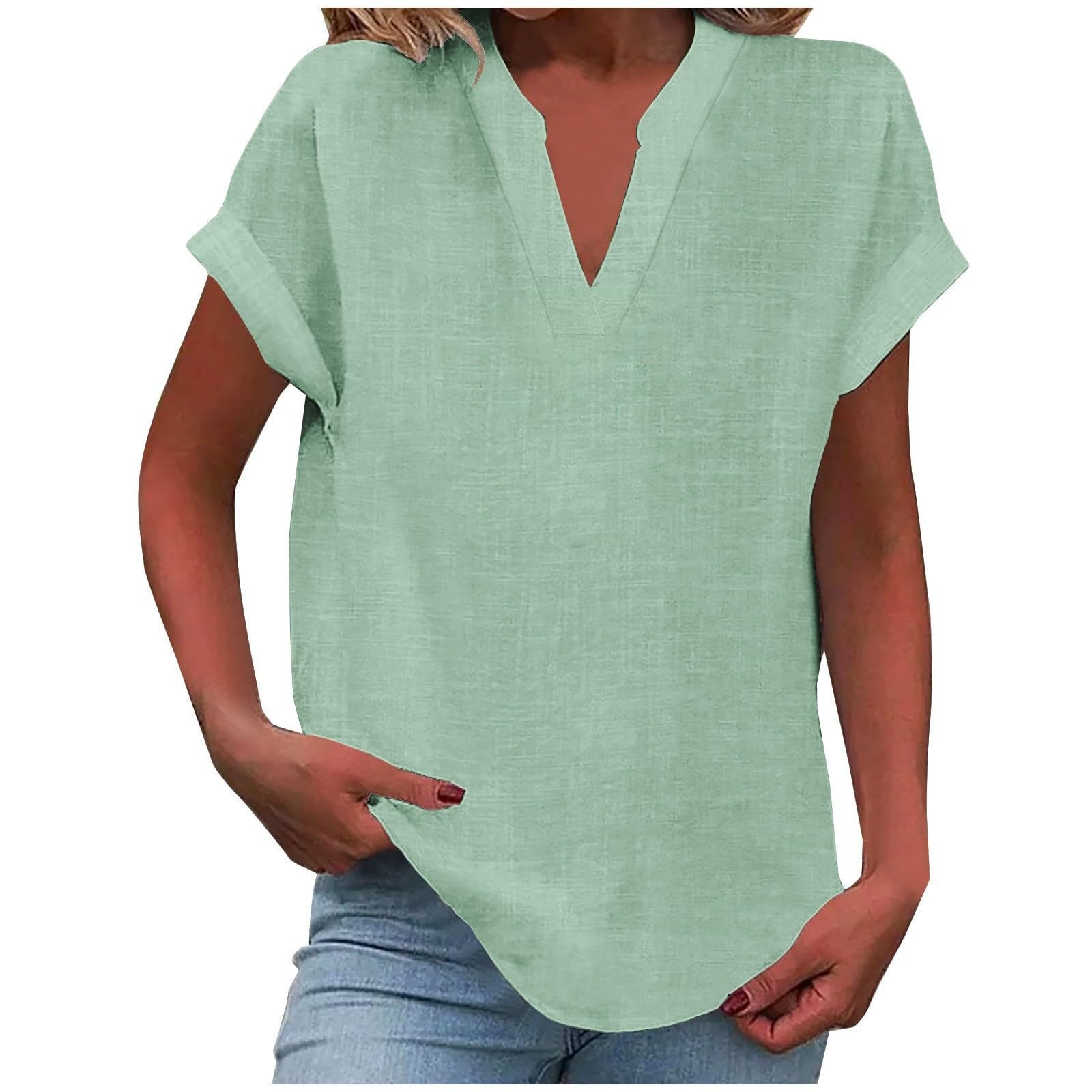 Women's linen-look V neck short sleeve top in mint green