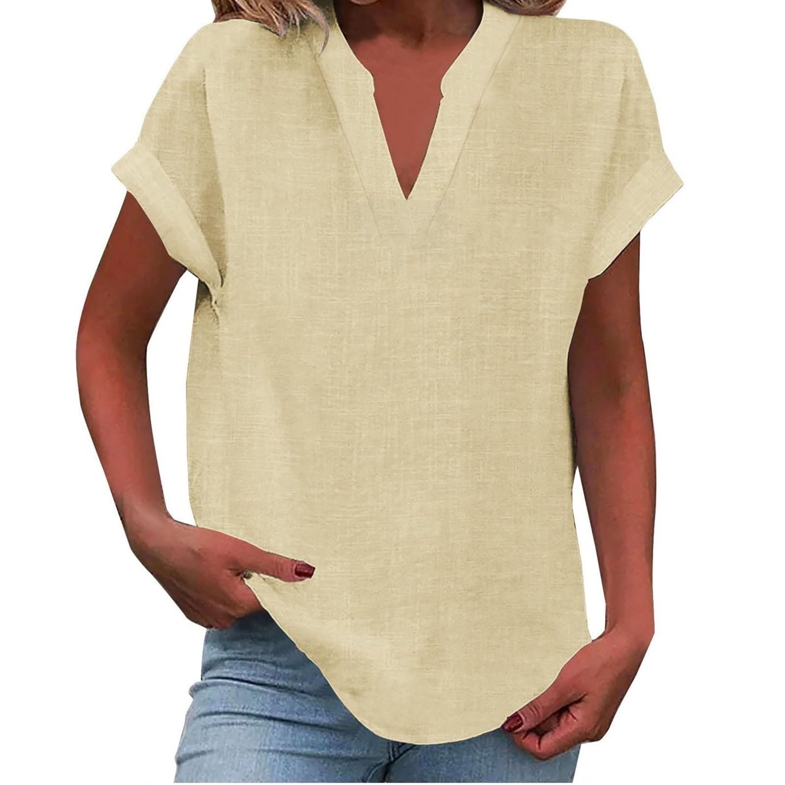 Women's linen-look V neck short sleeve top in beige