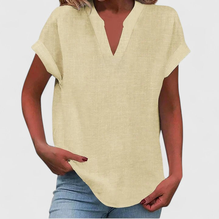 Women's relaxed linen-look V neck top in beige
