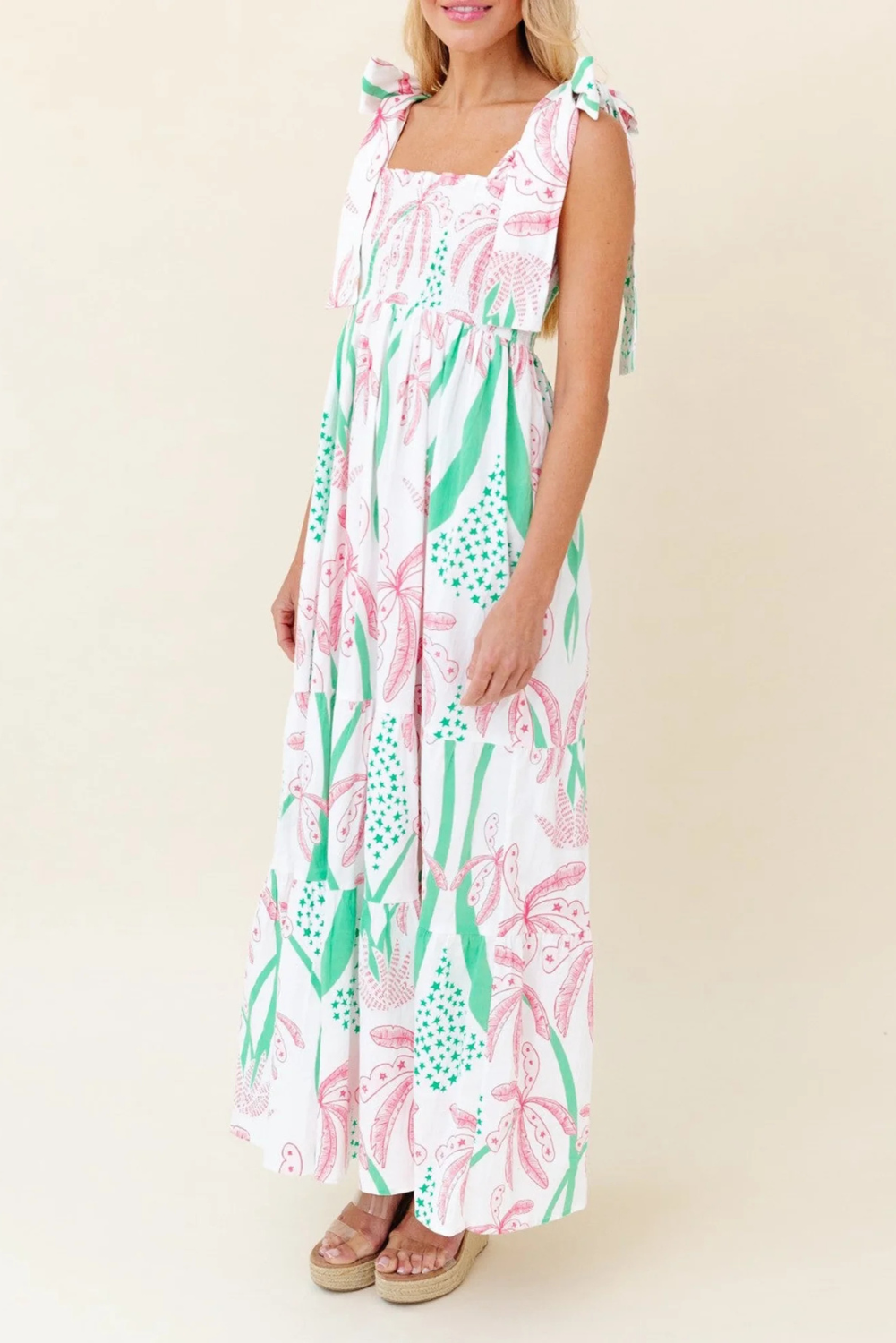 Naomi - Women's Boho Gingham Smocked Maxi Dress with Tied Straps