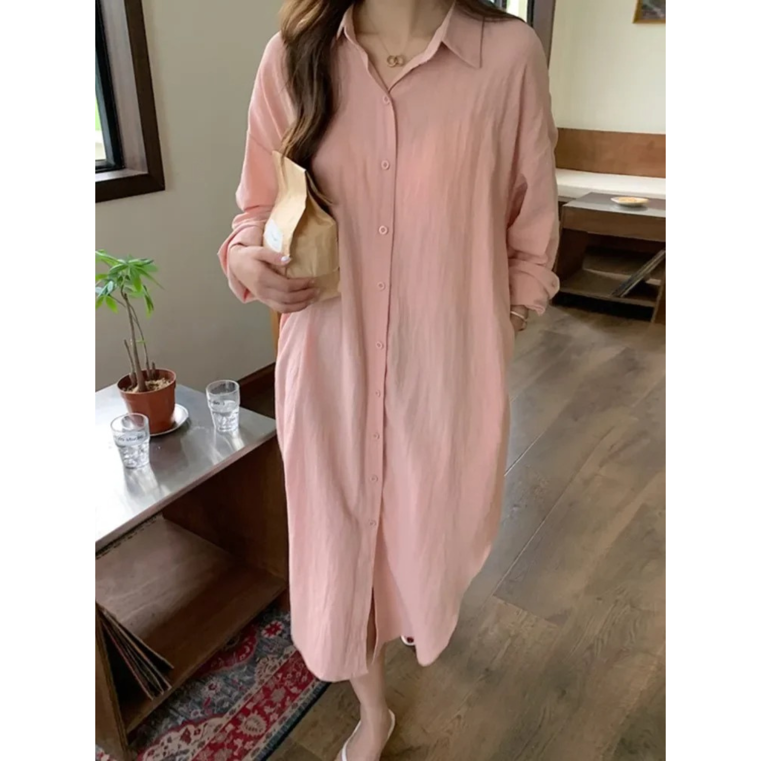 Women's Long Sleeve Button-Front Shirt Maxi Dress - Relaxed Fit