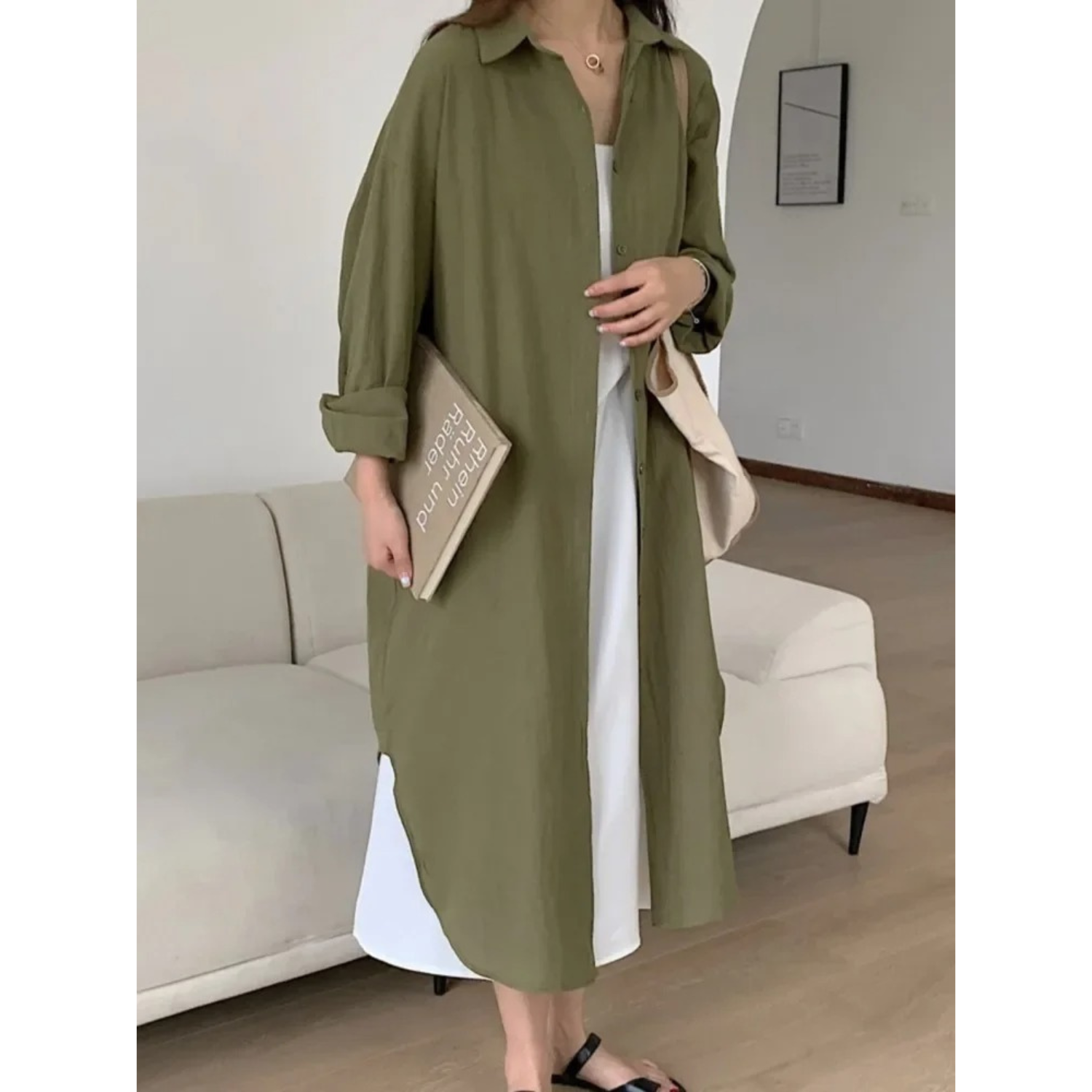 Women's Long Sleeve Button-Front Shirt Maxi Dress - Relaxed Fit