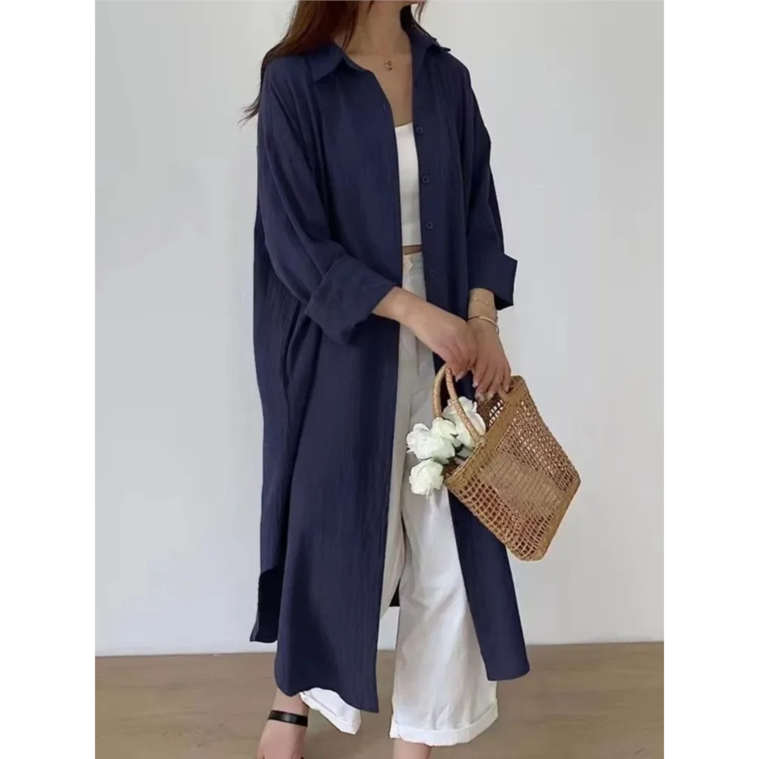 Women's Long Sleeve Button-Front Shirt Maxi Dress - Relaxed Fit
