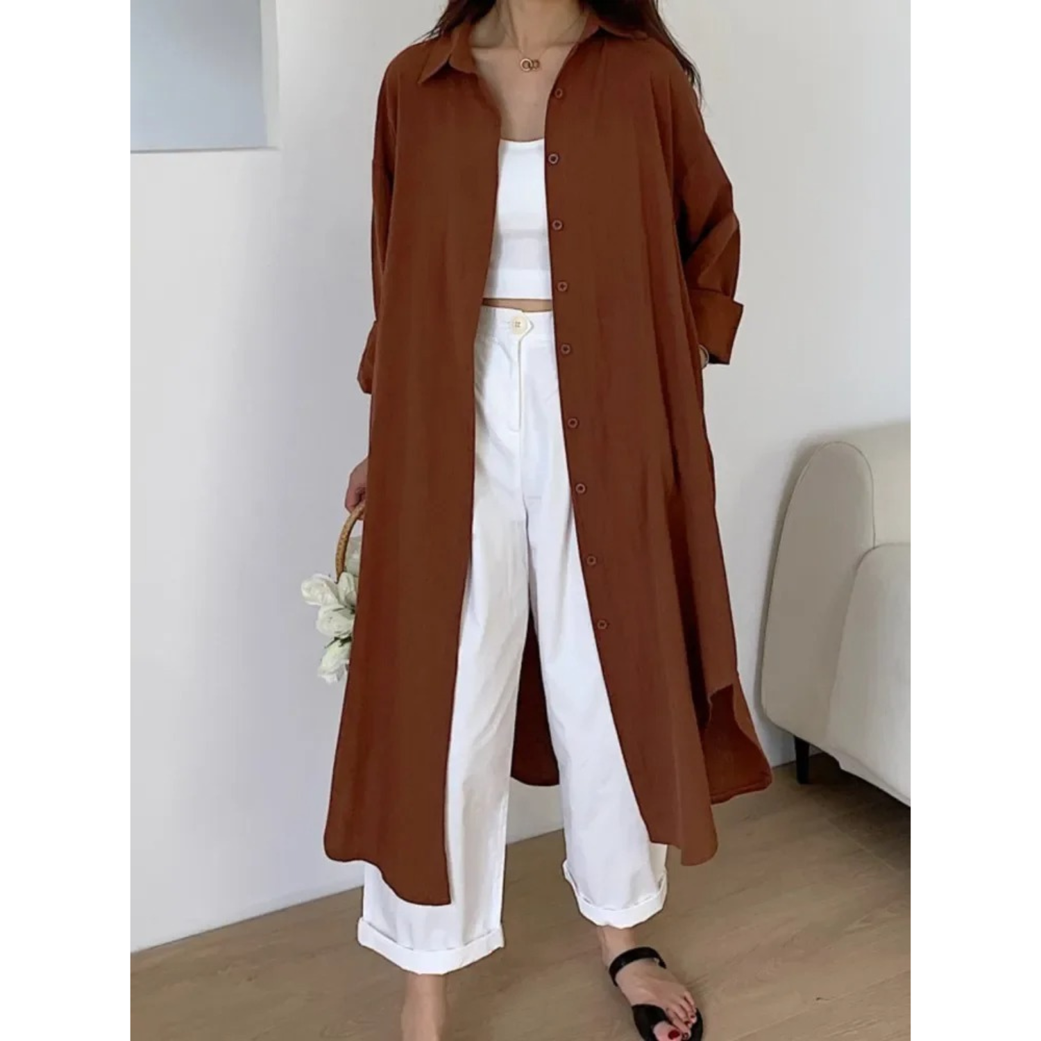 Women's Long Sleeve Button-Front Shirt Maxi Dress - Relaxed Fit