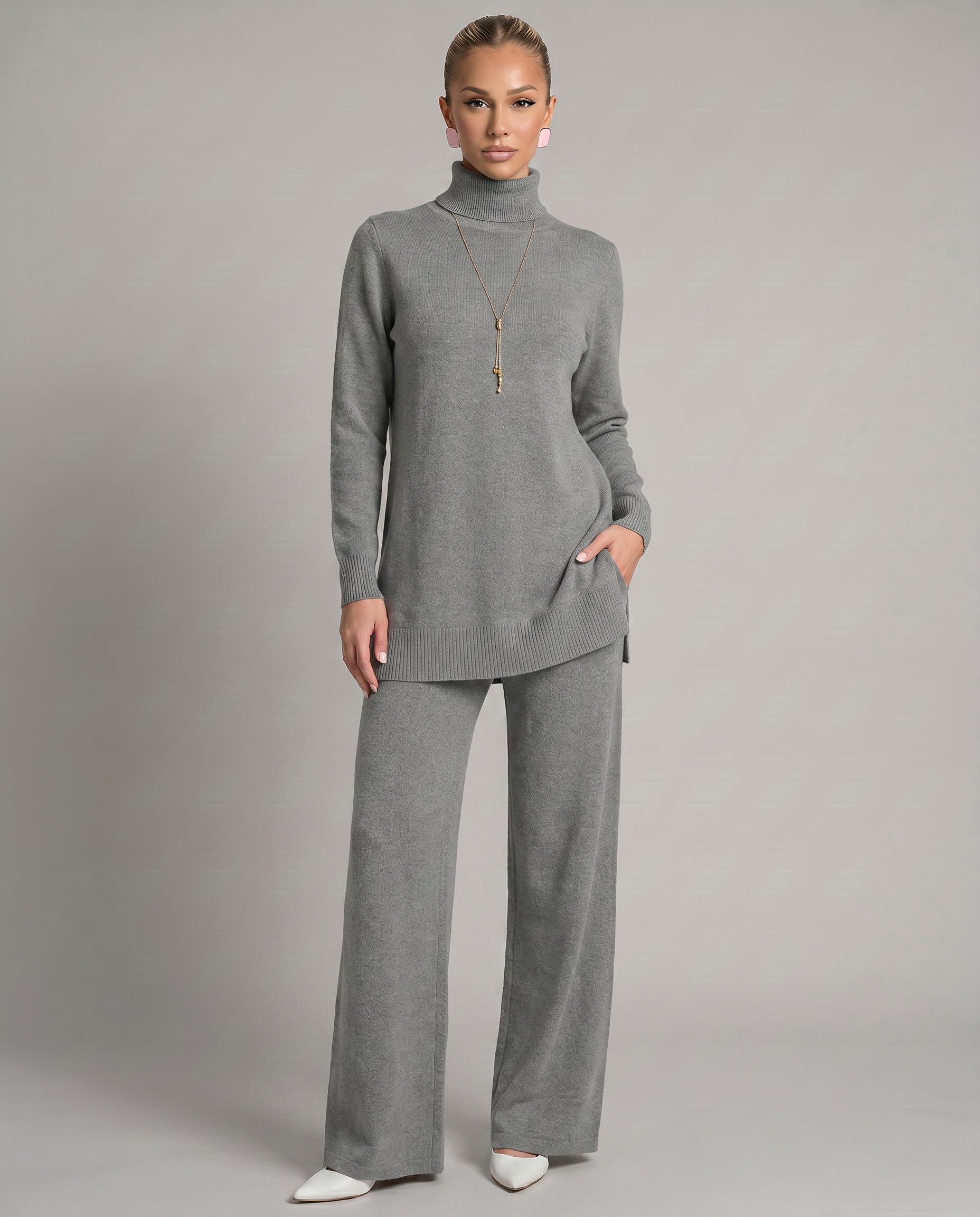 Eileen - Women's Knitted Co Ord Set with Turtleneck and Wide Leg Trousers
